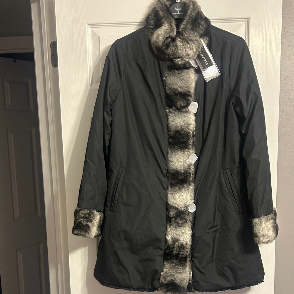Dennis Basso Black Coat with Faux Fur Trim - Medium ***brand new never worn
